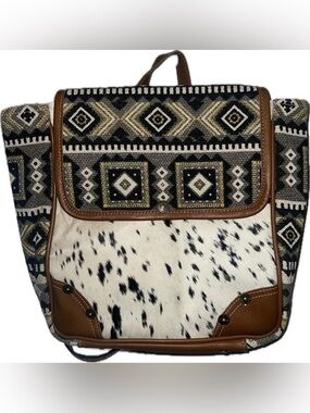 Myra Bag Black & White Cowhide and Brown Trim Patterned Backpack